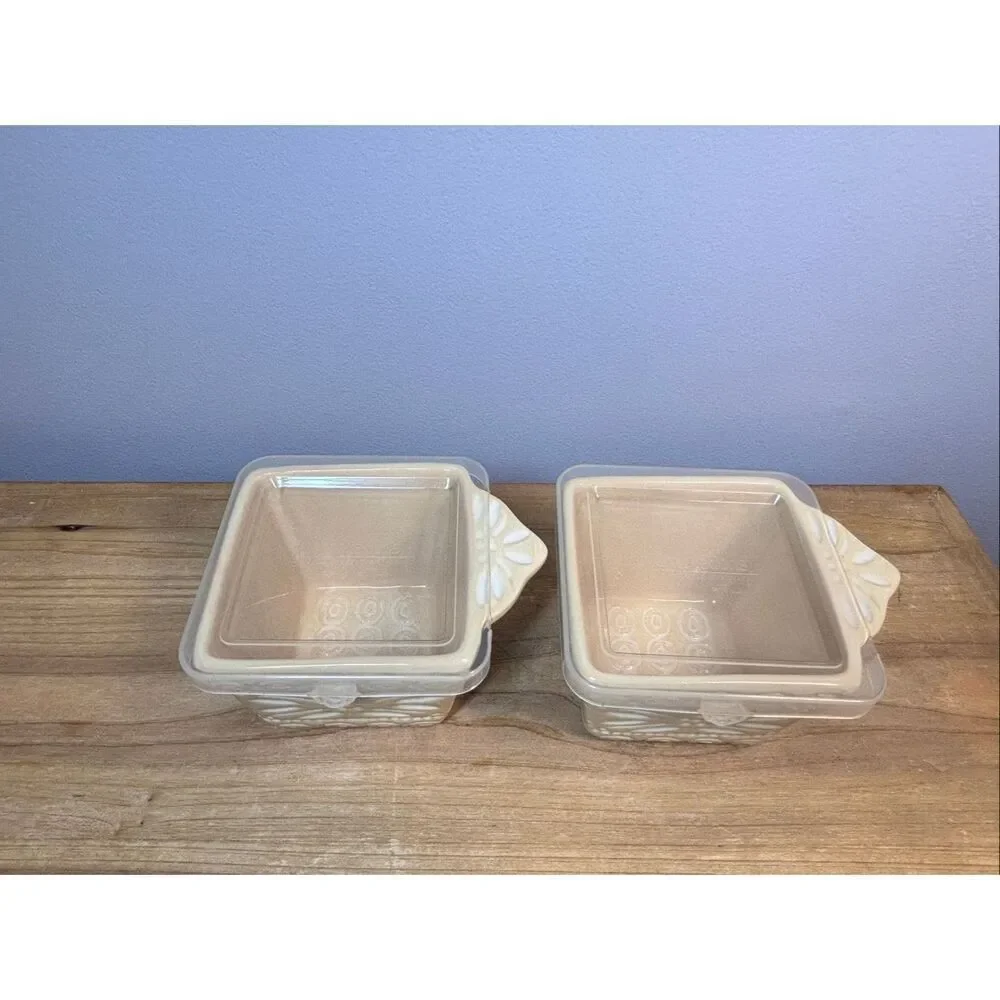 Temp-tations Carved Old World small 10oz ceramic baking dish with lid set of 2